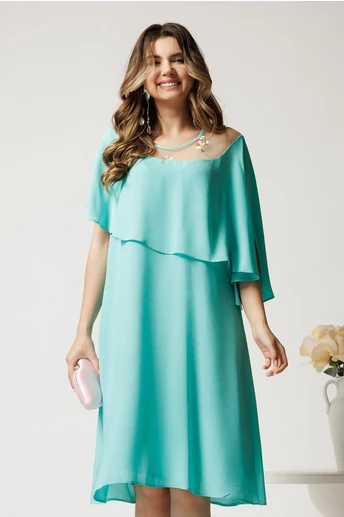 Rochie midi turcoaz din voal dreapta cu volan si broderie pe bust