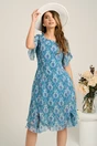 Rochie midi turcoaz din voal in clin cu imprimeu mov si volane la baza, 1, dyfashion.ro