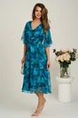 Rochie midi turcoaz din voal in clos cu imprimeuri si maneci vaporoase, 4, dyfashion.ro