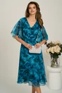 Rochie midi turcoaz din voal in clos cu imprimeuri si maneci vaporoase, 1, dyfashion.ro