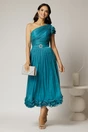 Rochie midi turcoaz din voal peliculizat cu volanase pe fusta, 3, dyfashion.ro