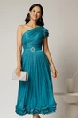 Rochie midi turcoaz din voal peliculizat cu volanase pe fusta, 1, dyfashion.ro