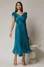 Rochie midi turcoaz din voal plisat cu decolteu V si volanase la maneci, 1, dyfashion.ro