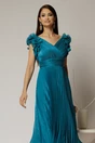 Rochie midi turcoaz din voal plisat cu decolteu V si volanase la maneci, 3, dyfashion.ro