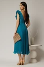 Rochie midi turcoaz din voal plisat cu decolteu V si volanase la maneci, 2, dyfashion.ro