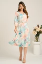 Rochie midi turcoaz in clos din stofa cu flori somon si curea in talie, 4, dyfashion.ro