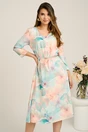 Rochie midi turcoaz in clos din stofa cu flori somon si curea in talie, 1, dyfashion.ro