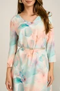 Rochie midi turcoaz in clos din stofa cu flori somon si curea in talie, 3, dyfashion.ro