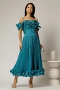 Rochie midi turcoaz in clos din voal satinat cu volanase la bust si la baza, 1, dyfashion.ro