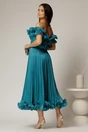 Rochie midi turcoaz in clos din voal satinat cu volanase la bust si la baza, 2, dyfashion.ro