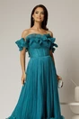 Rochie midi turcoaz in clos din voal satinat cu volanase la bust si la baza, 3, dyfashion.ro