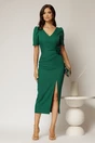 Rochie midi verde conica cu decolteu V si floare in talie, 3, dyfashion.ro