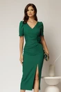 Rochie midi verde conica cu decolteu V si floare in talie, 1, dyfashion.ro