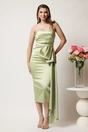 Rochie midi verde conica din tafta cu funda in talie si perle la decolteu, 1, dyfashion.ro