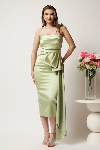 Rochie midi verde conica din tafta cu funda in talie si perle la decolteu