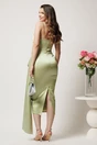 Rochie midi verde conica din tafta cu funda in talie si perle la decolteu, 2, dyfashion.ro