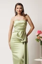 Rochie midi verde conica din tafta cu funda in talie si perle la decolteu, 3, dyfashion.ro