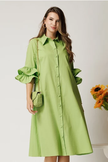 Rochie midi verde crud din bumbac tip camasa cu croi A