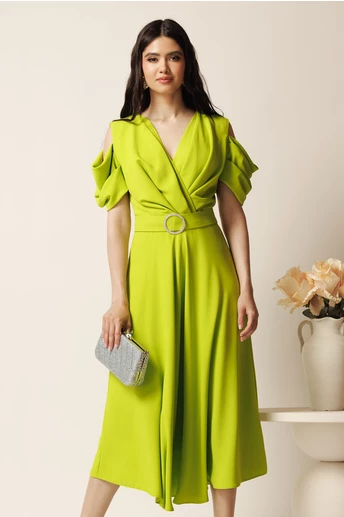 Rochie midi verde crud din voal in clos cu decupaje la umeri si cordon in talie-LaDonna