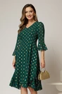 Rochie midi verde cu buline aurii din voal cu croi lejer si decolteu in V, 1, dyfashion.ro