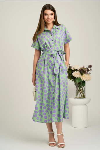 Rochie midi verde cu buline lila din viscoza in clini cu nasturi si cordon in talie