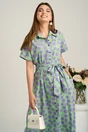 Rochie midi verde cu buline lila din viscoza in clini cu nasturi si cordon in talie, 4, dyfashion.ro