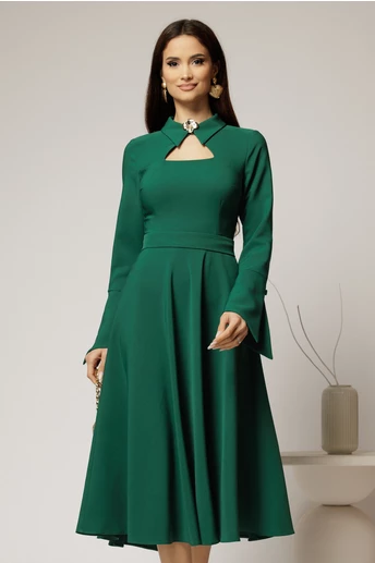 Rochie midi verde cu guler tip camasa si decupaj la decolteu