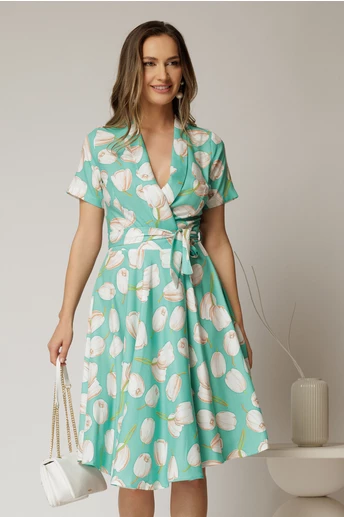 Rochie midi verde cu imprimeu cu aspect petrecut si cordon in talie