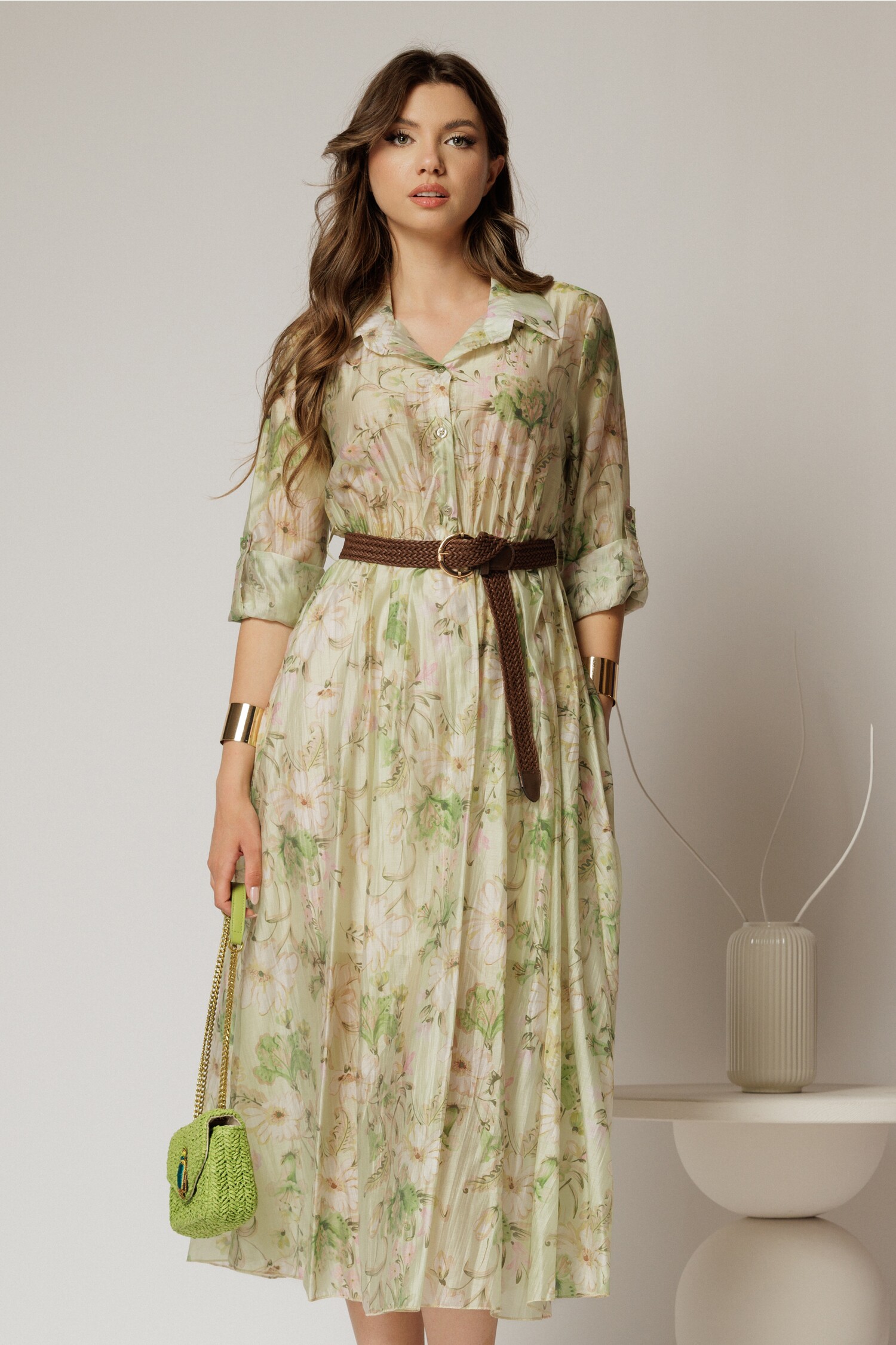 Rochie midi verde cu imprimeuri din tencel