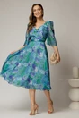 Rochie midi verde cu imprimeuri si fundite pe bust, 3, dyfashion.ro