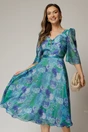Rochie midi verde cu imprimeuri si fundite pe bust, 1, dyfashion.ro