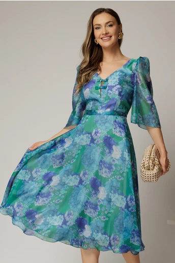 Rochie midi verde cu imprimeuri si fundite pe bust