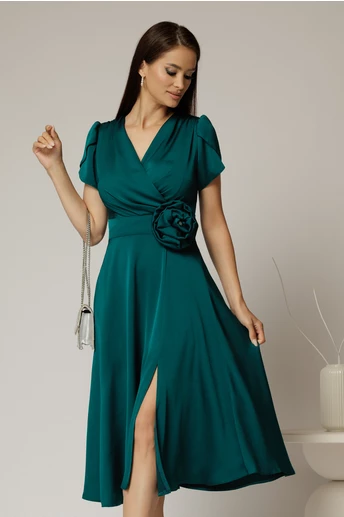 Rochie midi verde de ocazie cu decolteu petrecut si maneci tip lalea