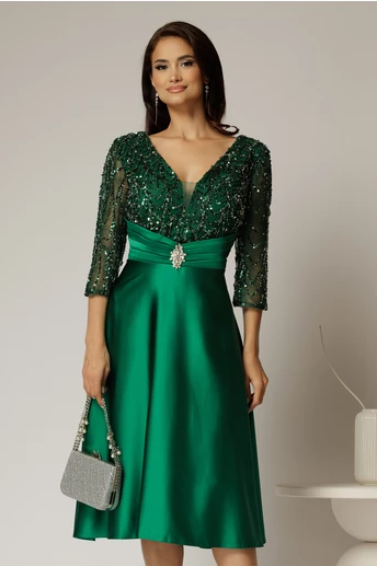 Rochie midi verde de ocazie din tafta si bustul cu paiete si dantela