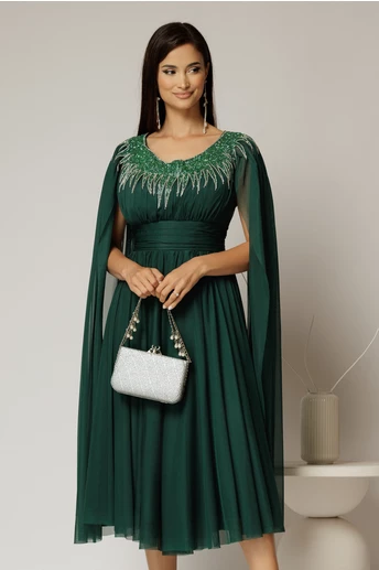 Rochie midi verde de ocazie din tul cu aplicatii la decolteu si maneci lungi