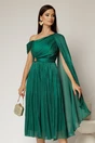 Rochie midi verde de ocazie din voal peliculizat cu o maneca ampla si brosa pe talie, 1, dyfashion.ro