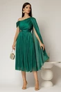 Rochie midi verde de ocazie din voal peliculizat cu o maneca ampla si brosa pe talie, 3, dyfashion.ro