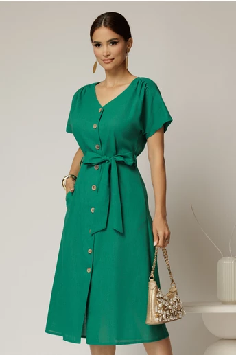 Rochie midi verde de zi din in tip camasa cu manecile scurte