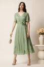 Rochie midi verde deschis din voal clos cu floare in talie- Moze, 3, dyfashion.ro