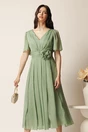 Rochie midi verde deschis din voal clos cu floare in talie- Moze, 1, dyfashion.ro
