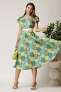 Rochie midi verde din bumbac in clos cu imprimeu geometric lime si cordon in talie, 1, dyfashion.ro