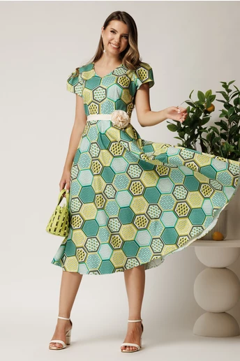 Rochie midi verde din bumbac in clos cu imprimeu geometric lime si cordon in talie