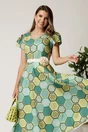 Rochie midi verde din bumbac in clos cu imprimeu geometric lime si cordon in talie, 3, dyfashion.ro