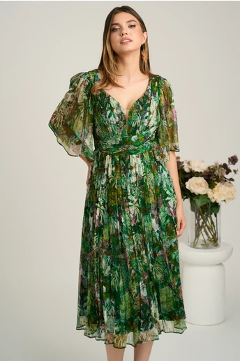 Rochie midi verde din matase naturala cu imprimeuri florale- Viada