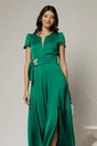 Rochie midi verde din satin cu aplicatie in talie si decolteu adanc, 3, dyfashion.ro