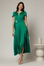 Rochie midi verde din satin cu aplicatie in talie si decolteu adanc, 1, dyfashion.ro