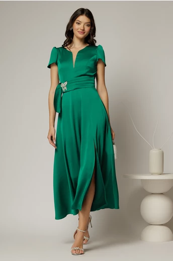 Rochie midi verde din satin cu aplicatie in talie si decolteu adanc