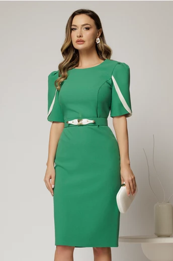 Rochie midi verde din stofa cu croi conic si detalii ivory la maneci