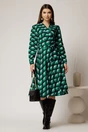 Rochie midi verde din stofa petrecuta cu imprimeuri negru si cordon in talie, 3, dyfashion.ro