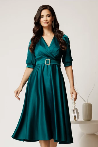 Rochie midi verde din tafta cu decolteu in V si cordon cu catarama